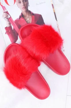 New Boto Klapki Damskie Z Futerkiem Czerwone Fur