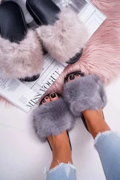 Online Klapki Damskie z Futerkiem Szaro Czarne NiceFur Damskie Klapki Z Futerkiem|Klapki Damskie Klasyczne