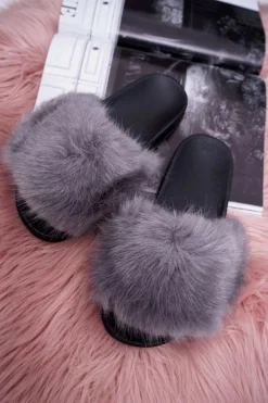 Online Klapki Damskie z Futerkiem Szaro Czarne NiceFur Damskie Klapki Z Futerkiem|Klapki Damskie Klasyczne