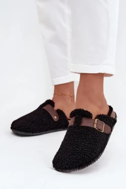 Kapcie Klasyczne|Klapki Korkowe>Boto Klapki Damskie Z Futerkiem Typu Baranek Czarne Lorivine Czarny