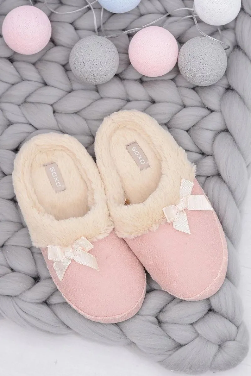 Clearance Boto Klapki Damskie Z Futerkiem I Kokardką SOXO Różowe
