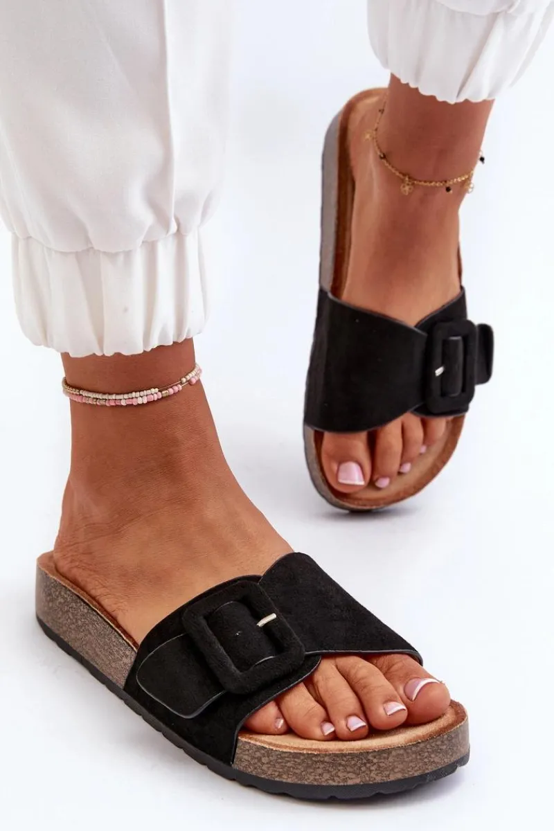 Klapki Damskie Z Klamrą Eko Zamszowe Czarne Laeltia Damskie Klapki Na Platformie|Klapki Damskie Klasyczne