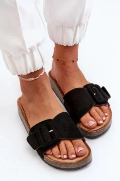 Klapki Damskie Z Klamrą Eko Zamszowe Czarne Laeltia Damskie Klapki Na Platformie|Klapki Damskie Klasyczne