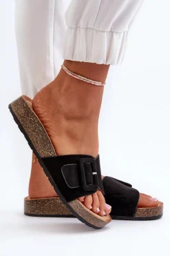 Klapki Damskie Z Klamrą Eko Zamszowe Czarne Laeltia Damskie Klapki Na Platformie|Klapki Damskie Klasyczne