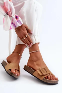Outlet Boto Klapki Damskie Z Klamrą Eko Zamszowe Camel Laeltia