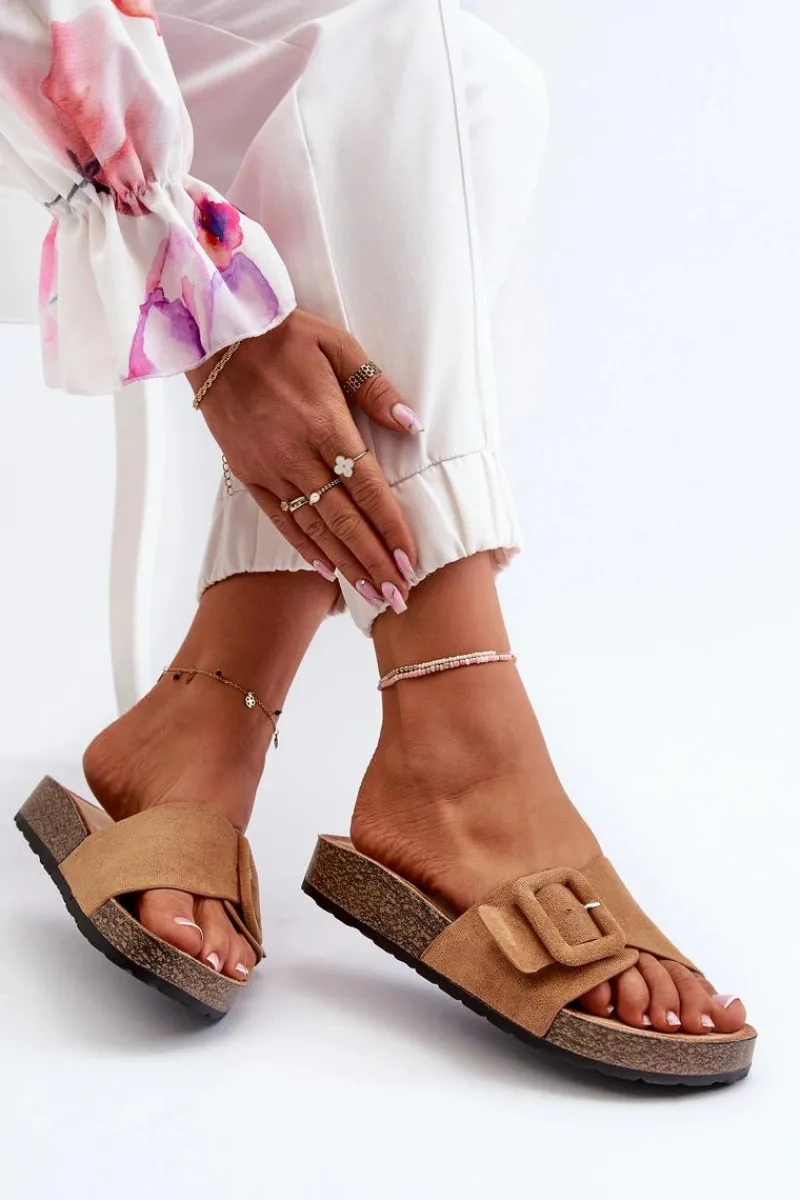 Outlet Boto Klapki Damskie Z Klamrą Eko Zamszowe Camel Laeltia
