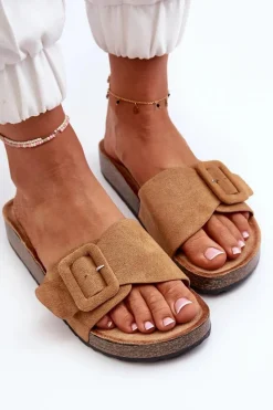 Outlet Boto Klapki Damskie Z Klamrą Eko Zamszowe Camel Laeltia