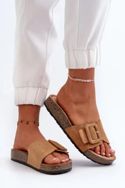 Outlet Boto Klapki Damskie Z Klamrą Eko Zamszowe Camel Laeltia
