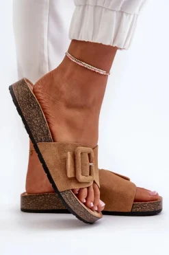 Outlet Boto Klapki Damskie Z Klamrą Eko Zamszowe Camel Laeltia