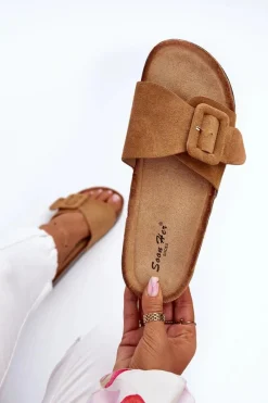 Outlet Boto Klapki Damskie Z Klamrą Eko Zamszowe Camel Laeltia