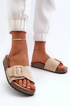 Boto Klapki Damskie Z Klamrą Eko Zamszowe Beżowe Laeltia