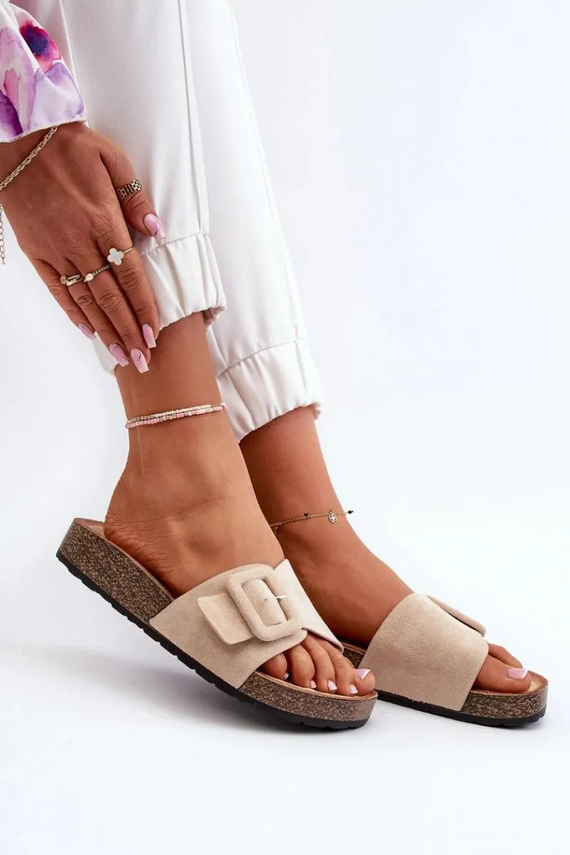 Boto Klapki Damskie Z Klamrą Eko Zamszowe Beżowe Laeltia