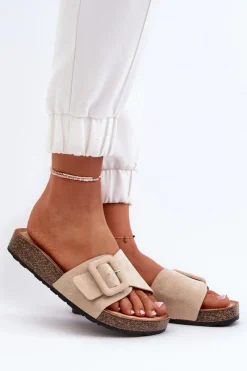 Boto Klapki Damskie Z Klamrą Eko Zamszowe Beżowe Laeltia