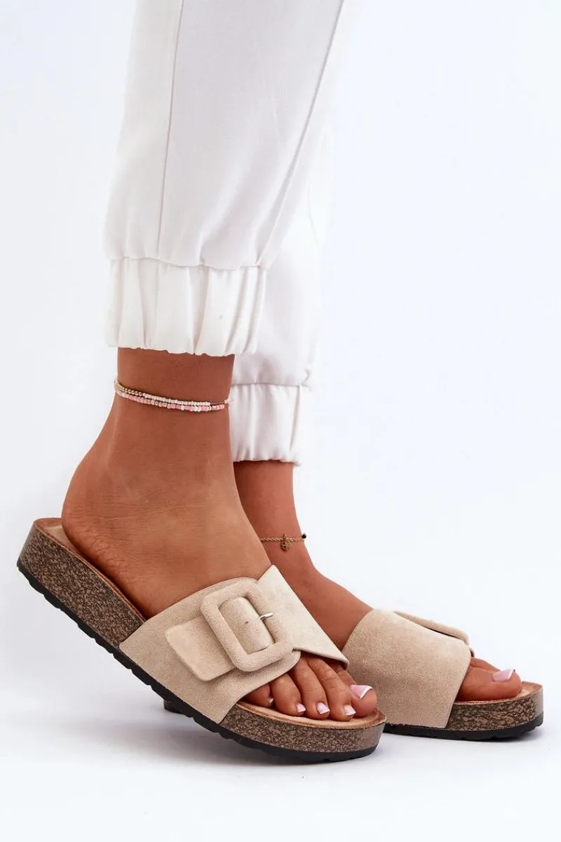 Boto Klapki Damskie Z Klamrą Eko Zamszowe Beżowe Laeltia