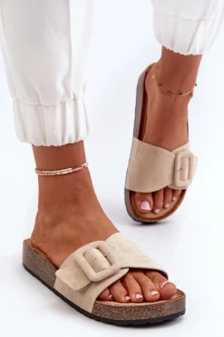 Boto Klapki Damskie Z Klamrą Eko Zamszowe Beżowe Laeltia