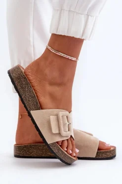 Boto Klapki Damskie Z Klamrą Eko Zamszowe Beżowe Laeltia