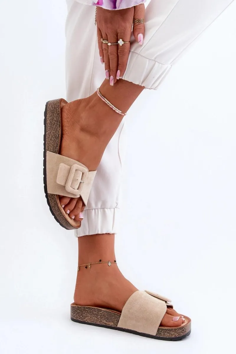 Boto Klapki Damskie Z Klamrą Eko Zamszowe Beżowe Laeltia