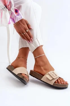 Boto Klapki Damskie Z Klamrą Eko Zamszowe Beżowe Laeltia