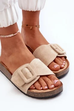 Boto Klapki Damskie Z Klamrą Eko Zamszowe Beżowe Laeltia