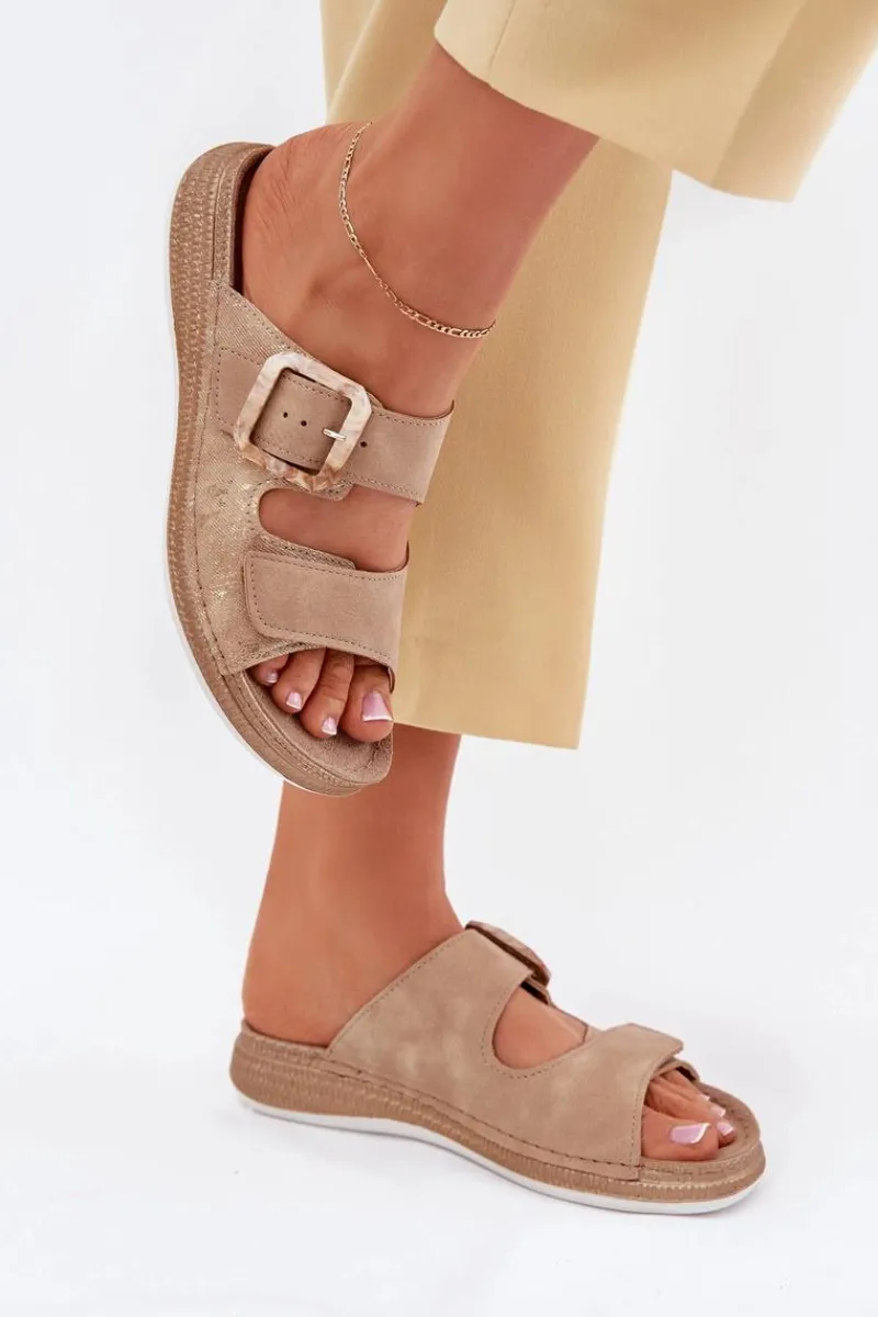 Klapki Na Platformie|Klapki Damskie Klasyczne>INBLU Klapki Damskie Z Klamrą I Rzepem MK000013 Beżowe Beżowy