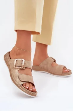 Klapki Na Platformie|Klapki Damskie Klasyczne>INBLU Klapki Damskie Z Klamrą I Rzepem MK000013 Beżowe Beżowy