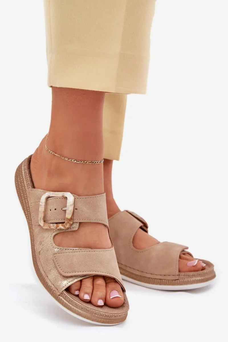 Klapki Na Platformie|Klapki Damskie Klasyczne>INBLU Klapki Damskie Z Klamrą I Rzepem MK000013 Beżowe Beżowy