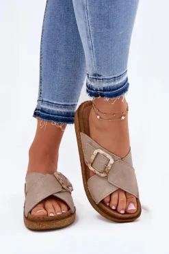 Sale Klapki Damskie Z Klamrą ED000025 Beżowe Damskie Klapki Na Platformie|Klapki Damskie Klasyczne