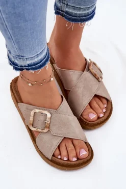 Sale Klapki Damskie Z Klamrą ED000025 Beżowe Damskie Klapki Na Platformie|Klapki Damskie Klasyczne