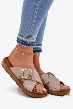 Sale Klapki Damskie Z Klamrą ED000025 Beżowe Damskie Klapki Na Platformie|Klapki Damskie Klasyczne