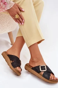 Sale INBLU Klapki Damskie Z Klamrą ED000025 Czarne Czarny