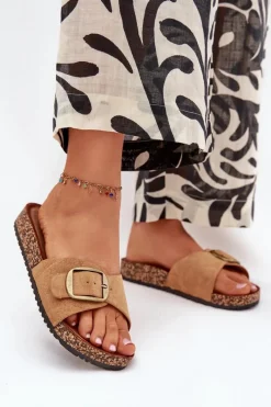 New Klapki Damskie Z Klamrą Na Korkowej Platformie Camel Zavira Damskie Klapki Korkowe|Klapki Na Platformie