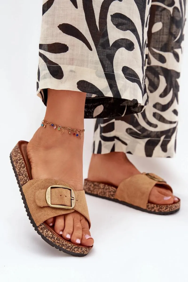 New Klapki Damskie Z Klamrą Na Korkowej Platformie Camel Zavira Damskie Klapki Korkowe|Klapki Na Platformie