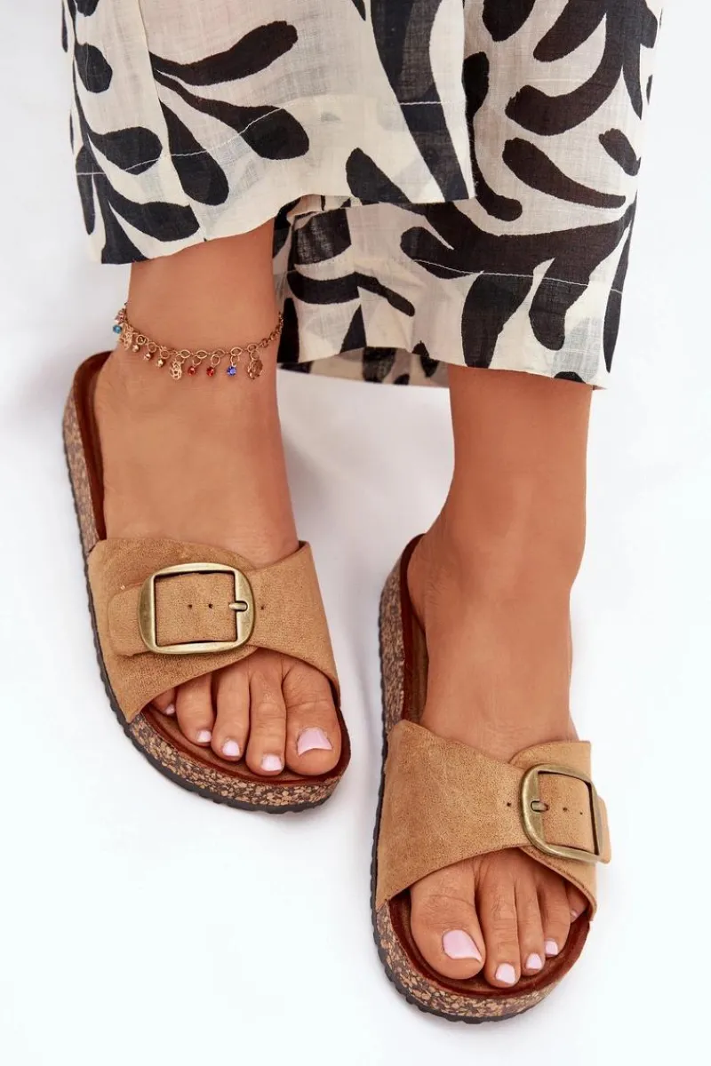 New Klapki Damskie Z Klamrą Na Korkowej Platformie Camel Zavira Damskie Klapki Korkowe|Klapki Na Platformie