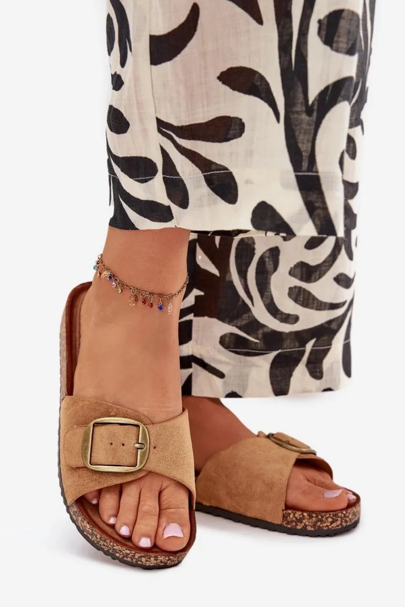 New Klapki Damskie Z Klamrą Na Korkowej Platformie Camel Zavira Damskie Klapki Korkowe|Klapki Na Platformie