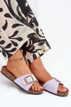 Online Klapki Damskie Z Klamrą Na Korkowej Platformie Liliowe Zavira Damskie Klapki Korkowe|Klapki Na Platformie