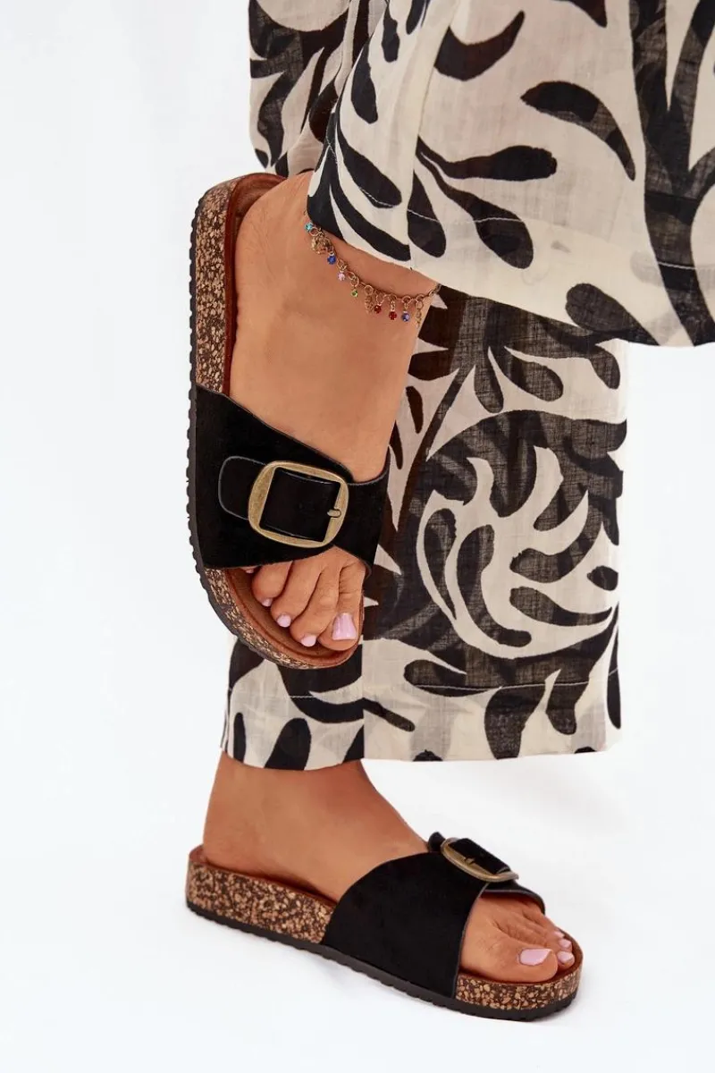 Boto Klapki Damskie Z Klamrą Na Korkowej Platformie Czarne Zavira Czarny