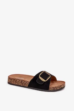 Boto Klapki Damskie Z Klamrą Na Korkowej Platformie Czarne Zavira Czarny