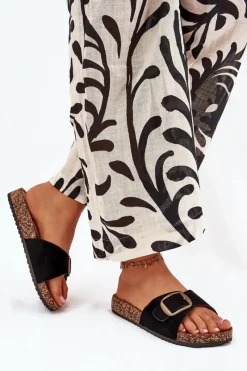 Boto Klapki Damskie Z Klamrą Na Korkowej Platformie Czarne Zavira Czarny