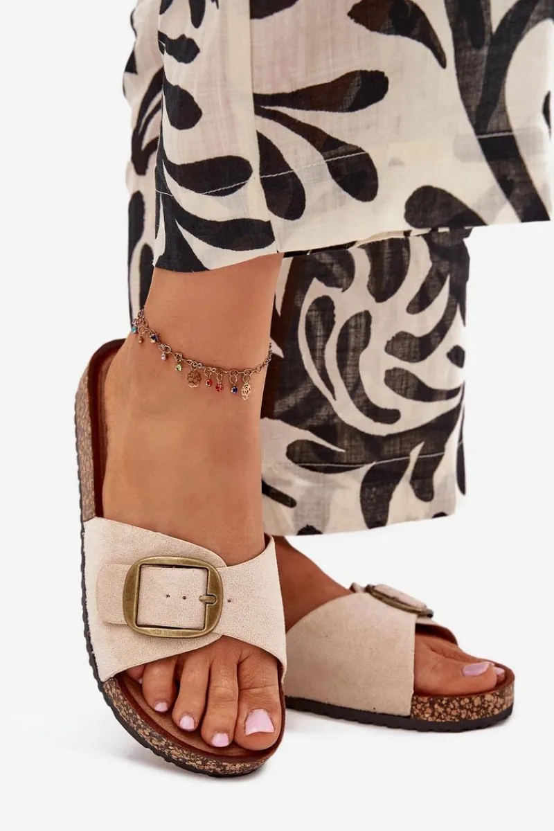 Online Boto Klapki Damskie Z Klamrą Na Korkowej Platformie Beżowe Zavira