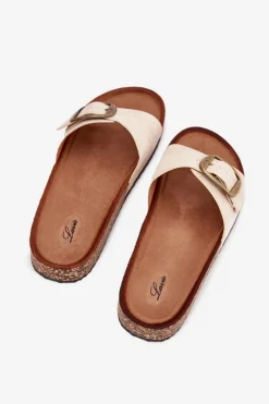 Online Boto Klapki Damskie Z Klamrą Na Korkowej Platformie Beżowe Zavira