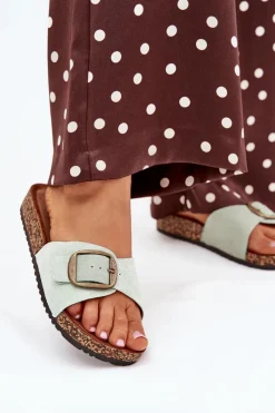 New Klapki Damskie Z Klamrą Na Korkowej Platformie Miętowe Zavira Damskie Klapki Korkowe|Klapki Na Platformie