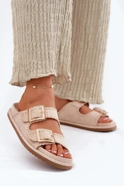 Discount Boto Klapki Damskie Z Klamrami I Ozdobnym Obszyciem Beżowe Visley Beżowy