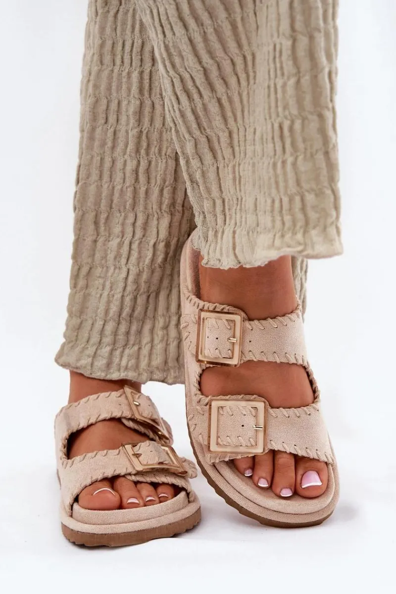 Discount Boto Klapki Damskie Z Klamrami I Ozdobnym Obszyciem Beżowe Visley Beżowy