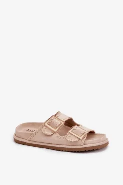 Discount Boto Klapki Damskie Z Klamrami I Ozdobnym Obszyciem Beżowe Visley Beżowy