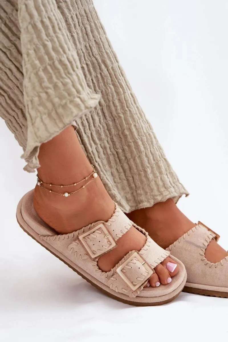 Discount Boto Klapki Damskie Z Klamrami I Ozdobnym Obszyciem Beżowe Visley Beżowy