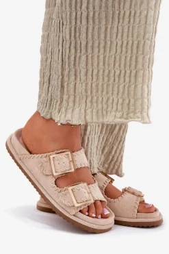 Discount Boto Klapki Damskie Z Klamrami I Ozdobnym Obszyciem Beżowe Visley Beżowy