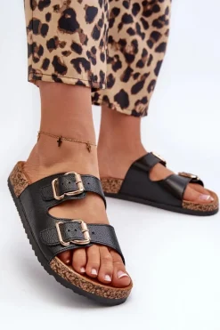 Outlet Boto Klapki Damskie Z Klamrami Czarne Fronila Czarny