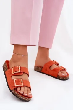 Klapki Damskie Z Klamrami Na Korkowej Podeszwie Pomarańczowe Sercele Damskie Klapki Korkowe|Klapki Na Platformie