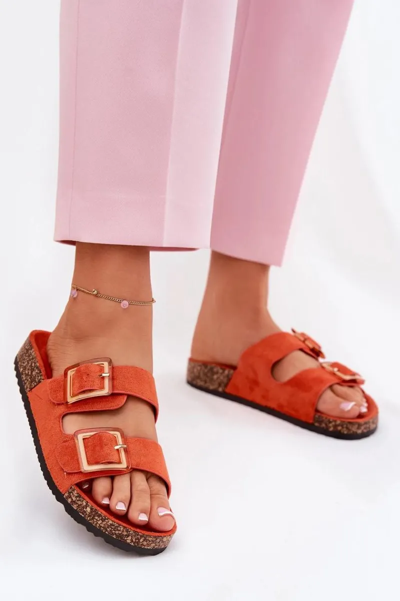 Klapki Damskie Z Klamrami Na Korkowej Podeszwie Pomarańczowe Sercele Damskie Klapki Korkowe|Klapki Na Platformie