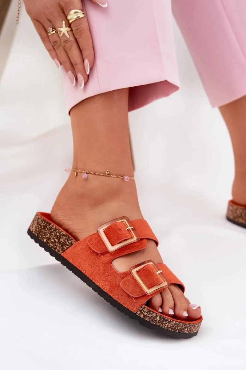 Klapki Damskie Z Klamrami Na Korkowej Podeszwie Pomarańczowe Sercele Damskie Klapki Korkowe|Klapki Na Platformie